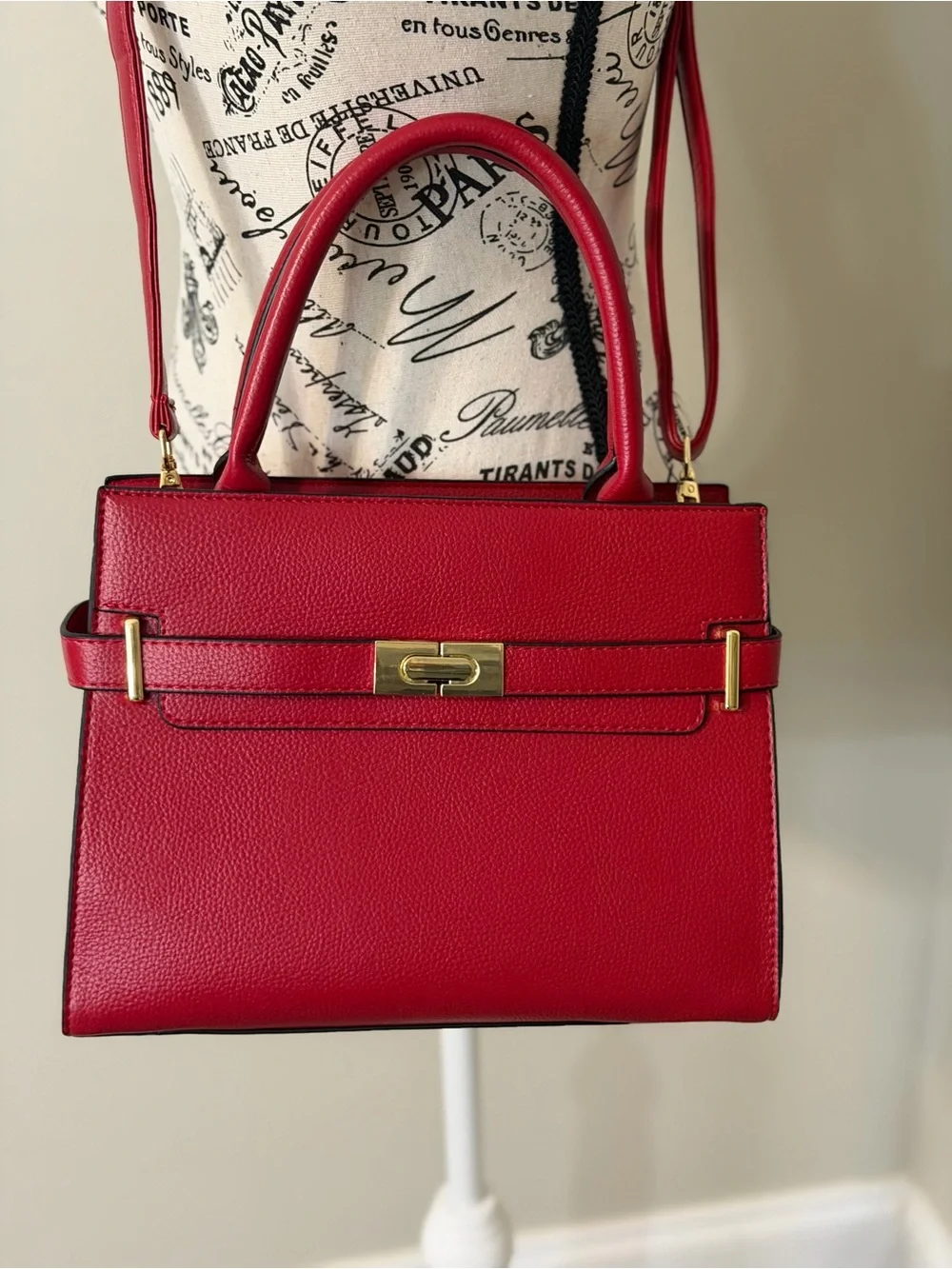 Red Structured Top-Handle Tote with Scarf Accent & Crossbody Strap